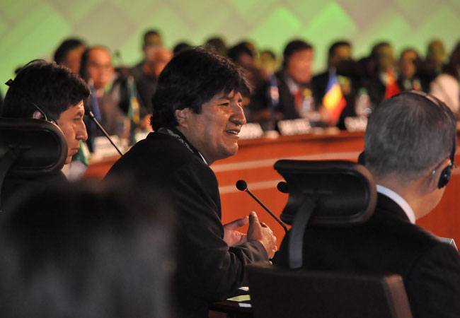 El presidente Evo Morales en la segunda jornada de la cumbre del G77 + China que se realiza en la ciudad de Santa Cruz. Foto: ABI