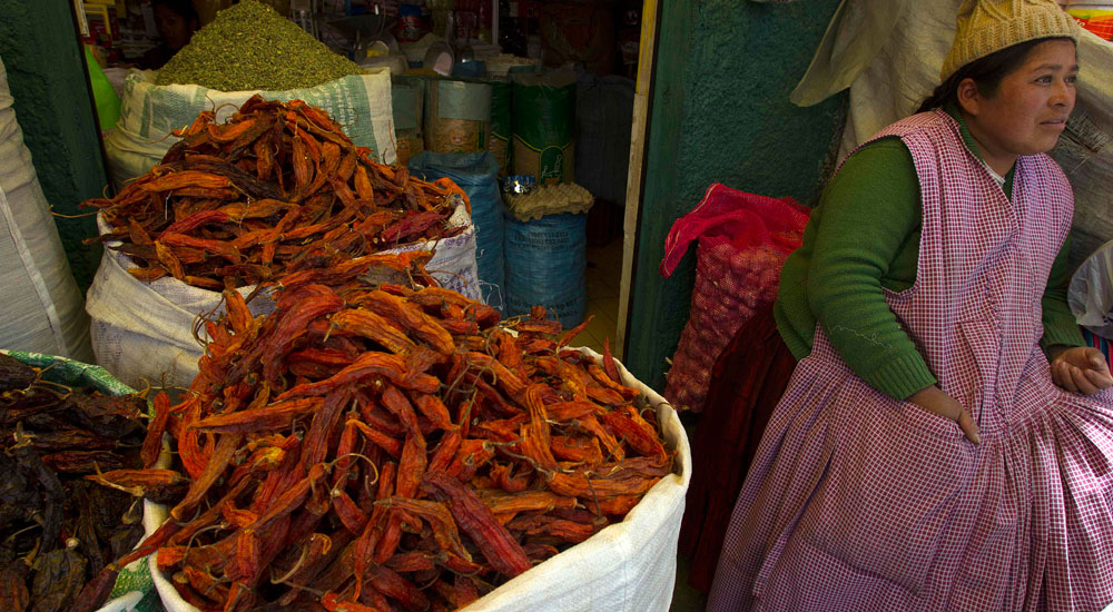Ají colorado, uno de los productos que más se usan en las comidas típicas de la región occidental de Bolivia. Foto: EFE