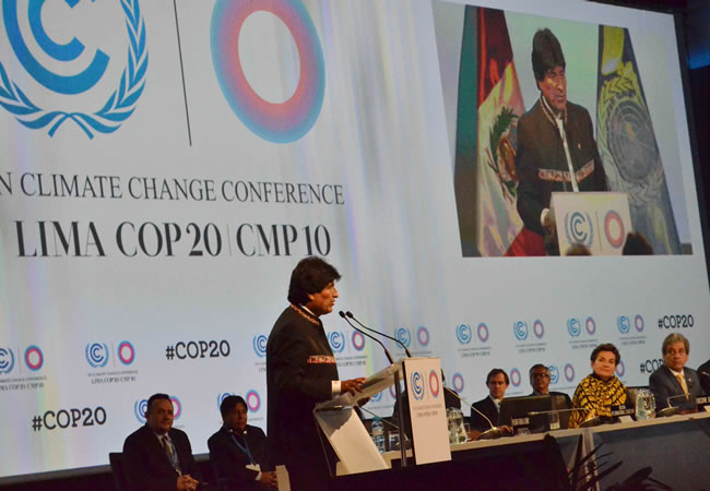 Presidente Evo Morales en Conferencia de las Partes sobre el Cambio Climático (COP20). Foto: ABI