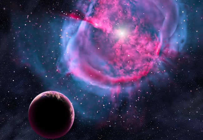 Recreación artística que muestra a un planeta similar a la tierra orbitando sobre una estrella que ha formado un impresionante "nebulosa planetaria". Foto: EFE