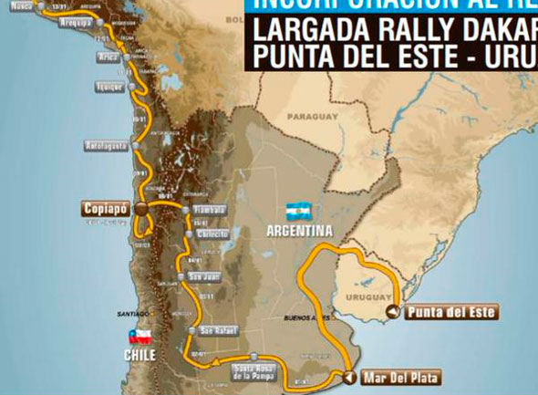 Imagen que circula por las redes sociales, en la que se muestra una supuesta ruta del Dakar que pasaría por Uruguay, Argentina, Chile y Perú. Foto: Twitter