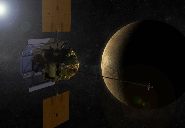 Recreación artística de la sonda Messenger orbitando el planeta Mercurio - NASA. Foto: EFE