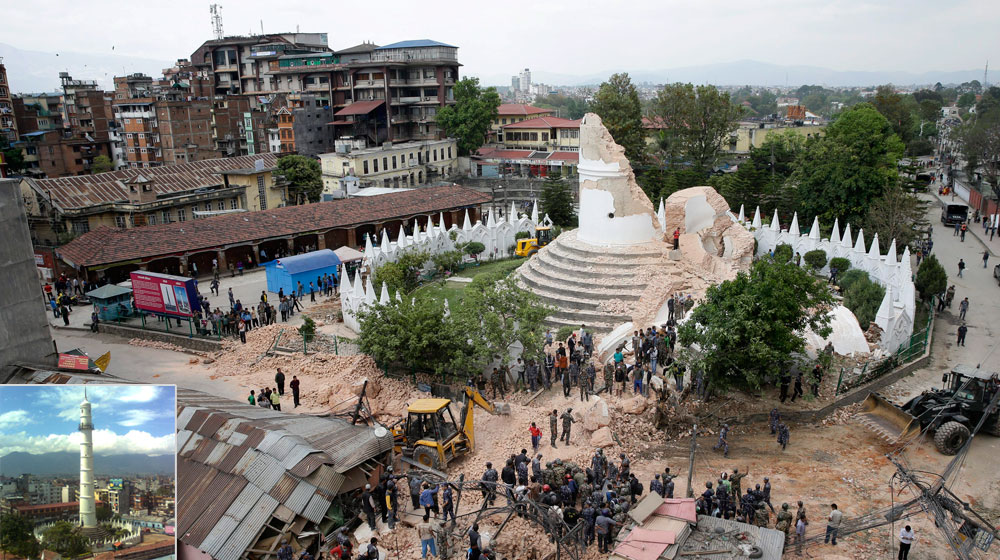 Emblemática Torre Bhimsen (conocida como Dharahara), en la ciudad de Kathmandu, destruida por el terremoto. Foto: EFE