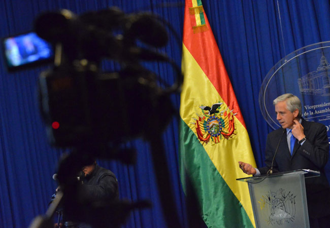 El vicepresidente Álvaro García Linera en conferencia de prensa se refiere a la publicidad estatal en algunos medios de información. Foto: ABI