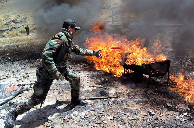 Incineración de cocaína confiscada por la Fuerza Especial de Lucha Contra el Narcotráfico (FELCN). Foto: ABI
