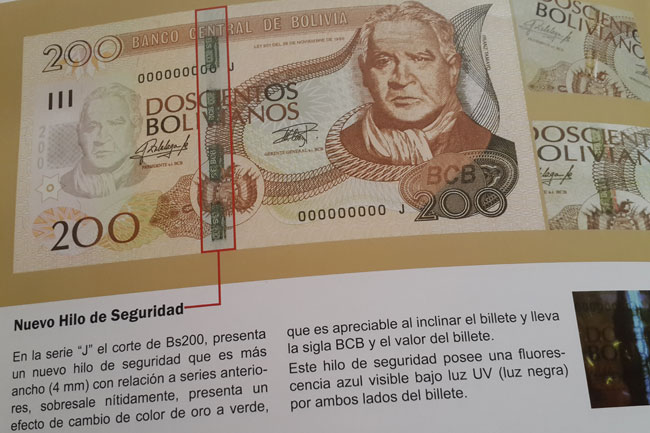 Nuevo billete de doscientos bolivianos, presentado por el Banco Central de Bolivia. Foto: ABI
