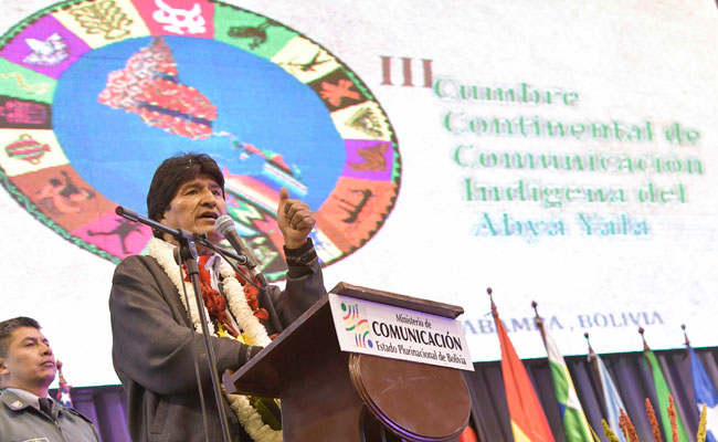 El presidente Evo Morales inaugura la III Cumbre Continental de Comunicación Indígena Abya Ayala. Foto: ABI