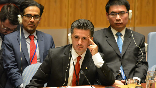 El embajador boliviano ante la ONU, Sacha Llorenti, participa del debate abierto del Consejo de Seguridad. Foto: ABI