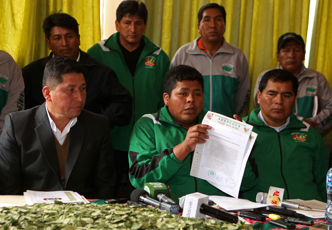 El presidente de Adepcoca, Franklin Rojas (c) junto a los representantes de la Asociación Departamental de Productores de Coca de La Paz en conferencia de prensa. Foto: EFE