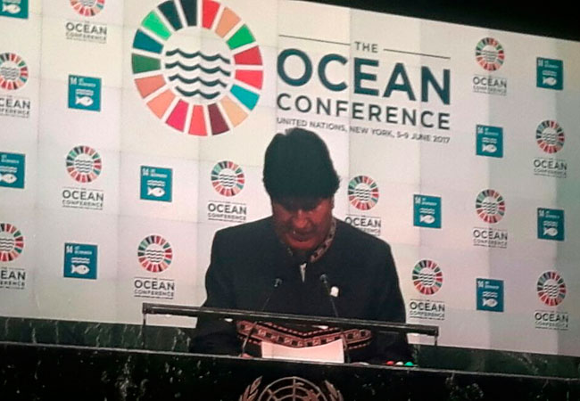 El presidente Evo Morales durante la conferencia de los oceanos en la ONU. Foto: ABI