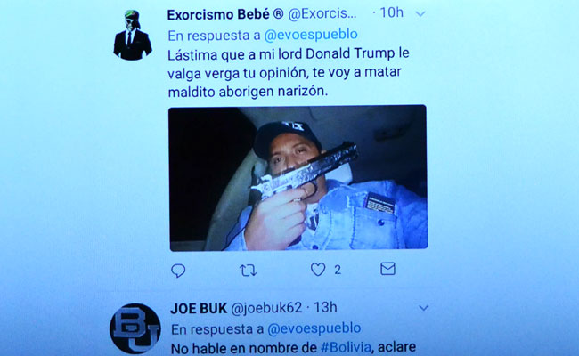 Una de las publicaciones en Twitter presentada por la ministra Gisela López como evidencia de las amenazas contra el presidente Evo Morales. Foto: ABI