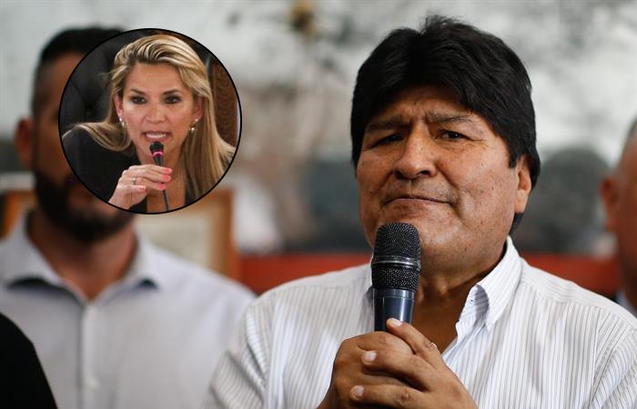 Reacción de Evo Morales frente a las declaraciones de Áñez. y Twitter @JulioRosCald2. Foto: EFE