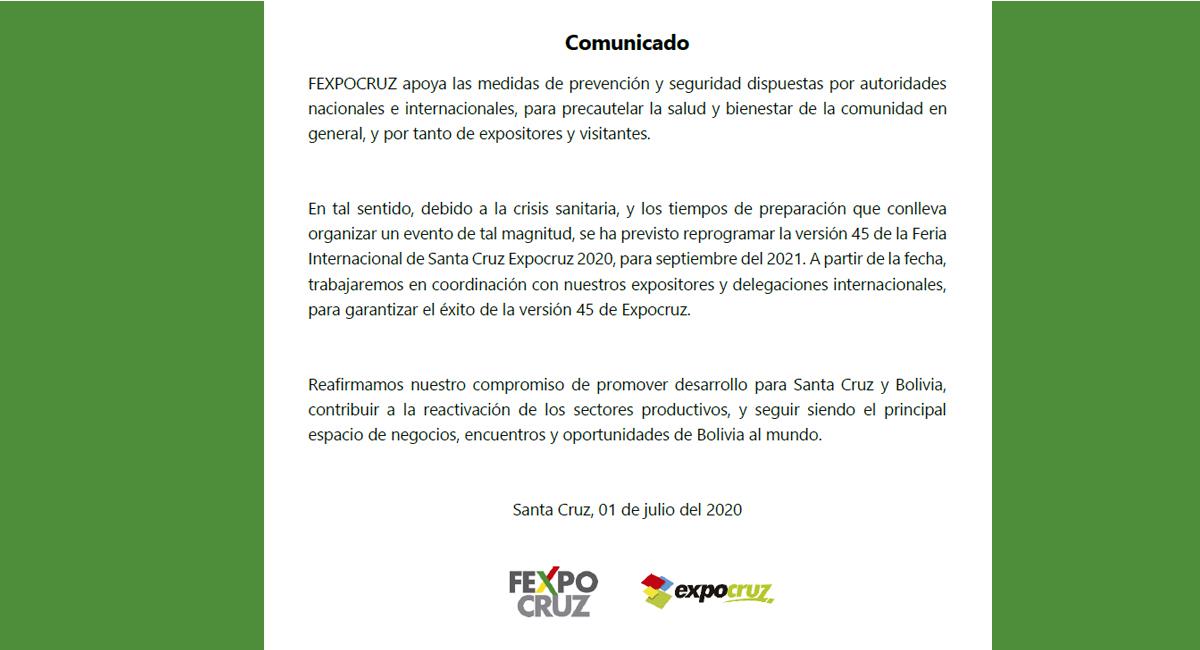 La Fexpocruz comunicó de la suspensión del evento. Foto: Fexpocruz