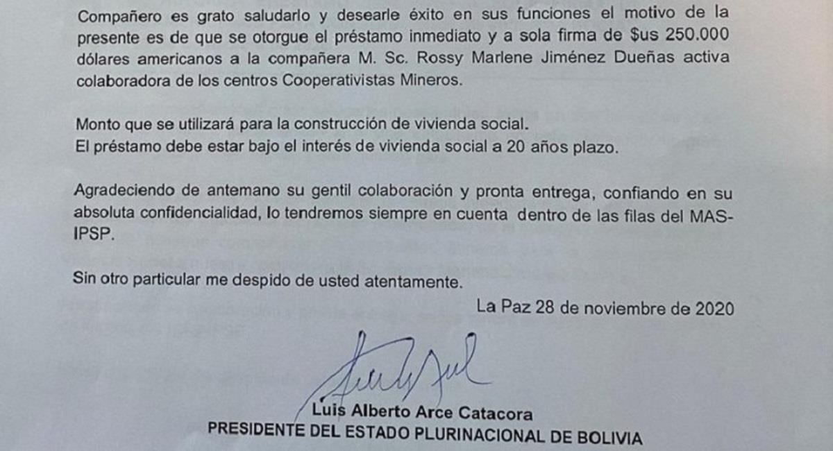 Carta con la firma falsificada del presidente Luis Arce. Foto: ABI