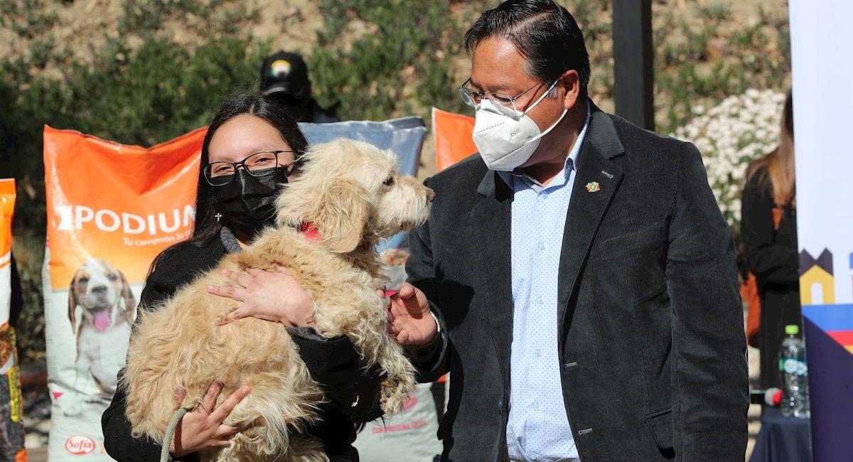 El presidente Luis Arce entrega un perro en adopción. Foto: EFE