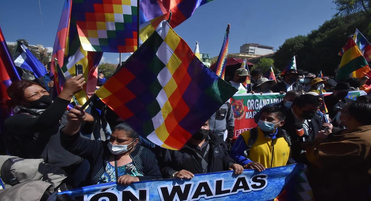 Militantes del partido de Gobierno participaron en un acto de "desagravio" a la bandera indígena wiphala en La Paz. Foto: EFE