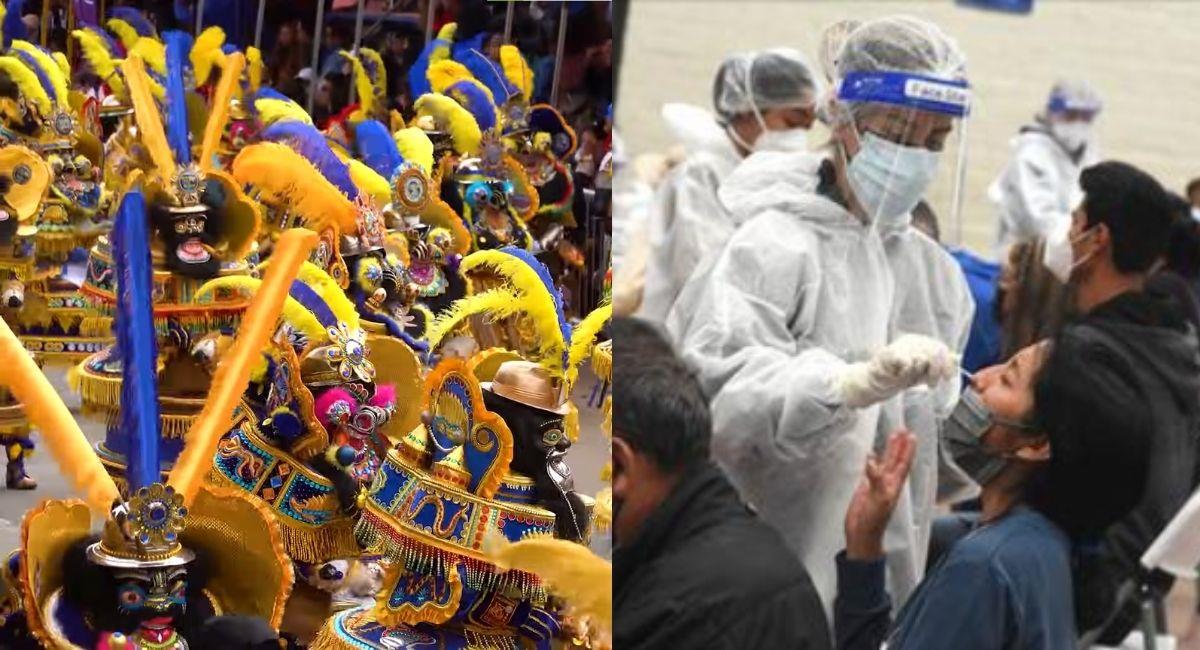 Carnaval de Oruro y ciudadanos realizándose pruebas de antígeno nasal. Foto: Youtube