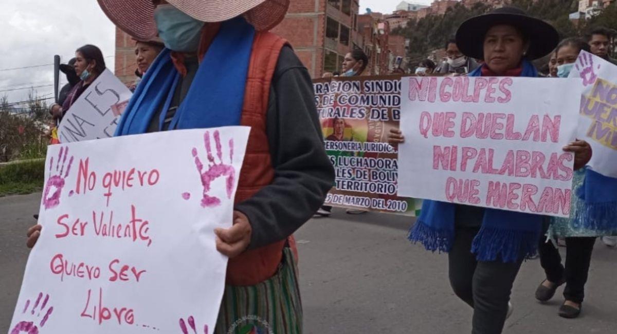 Marcha de mujeres que recorren desde El Alto hasta el centro de la ciudad de La Paz. Foto: ABI