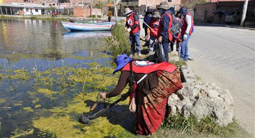 Más de 100 servidores públicos limpian la laguna de Achocalla