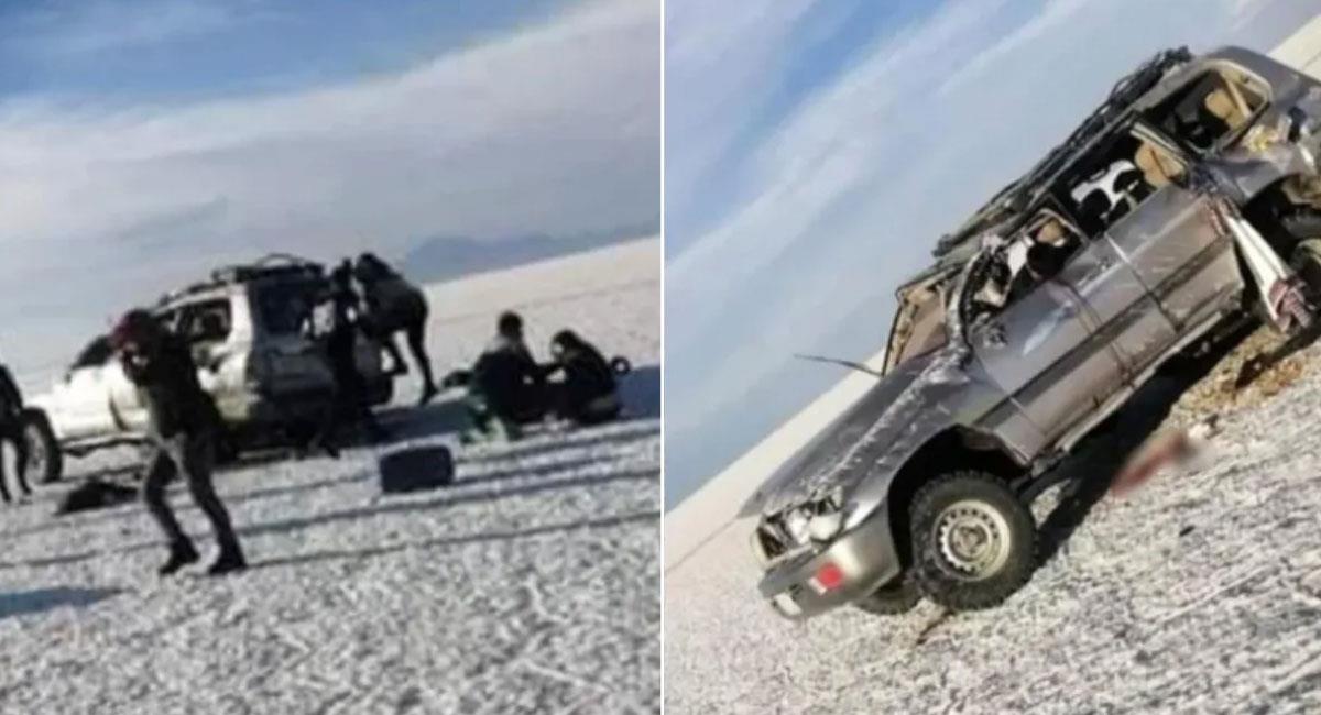 Vagoneta volcó en el Salar de Uyuni y tres personas fallecieron. Foto: Twitter @Canal_BoliviaTV