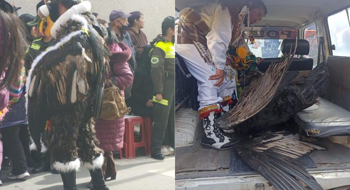 Los efectivos arrestaron al fraterno que llevaba el traje con un cóndor disecado. Foto: Facebook Ministerio de Medio Ambiente y Agua