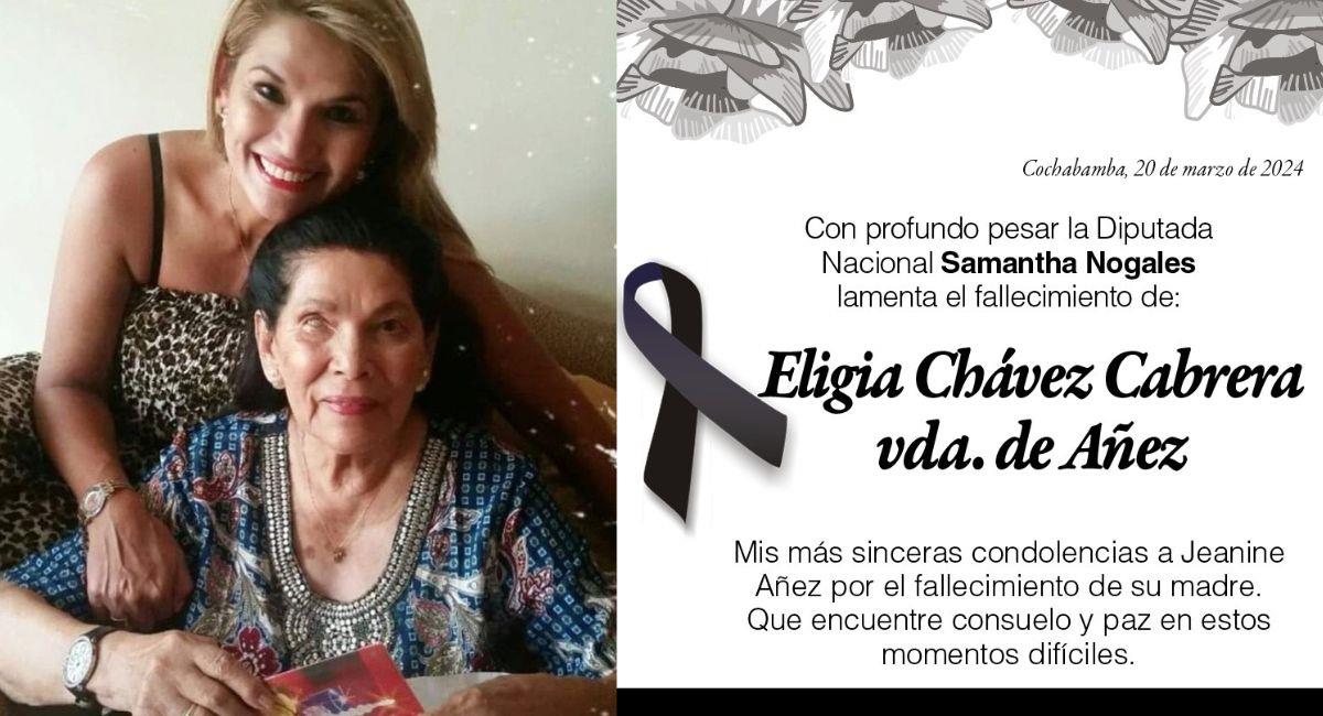 Tras difundirse la partida de la madre de Jeanine Áñez, miembros de la oposición emitieron mensajes de condolencia. Foto: Twitter @JeanineAñez.